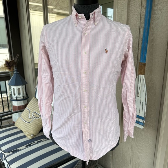 POLO Ralph Lauren Men’s Pink & White Cotton University Stripe BD Shirt - 15/34 - Picture 7 of 12